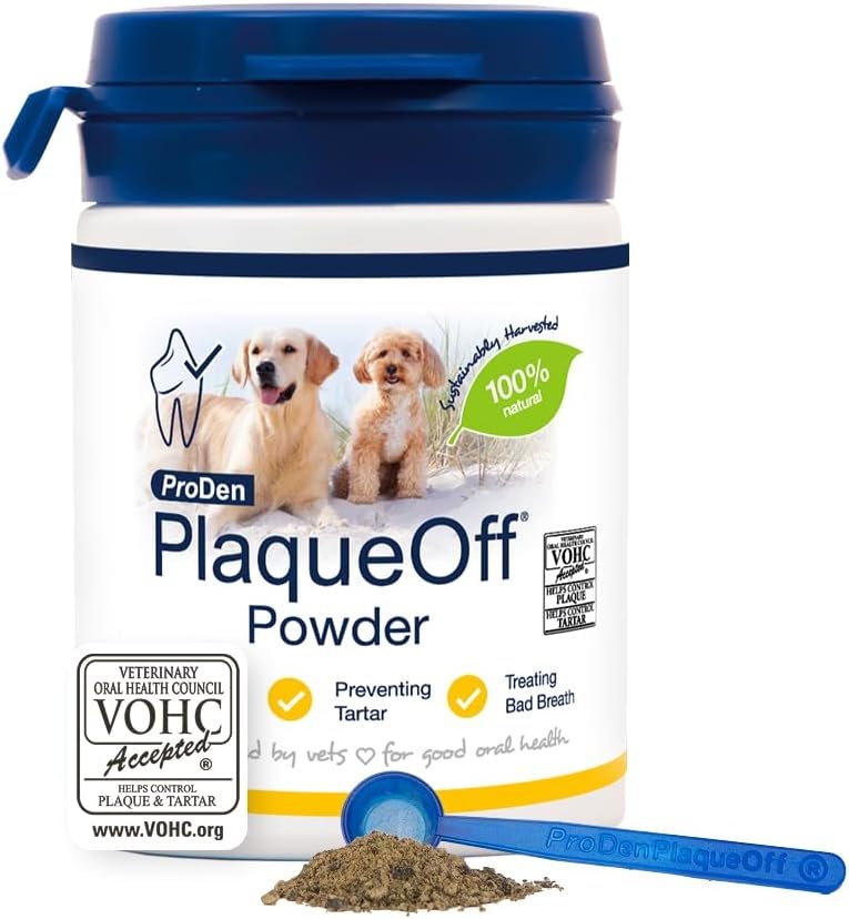proden plaqueoff powder for dogs & cats, tartar & bad breath remover 100% natural teeth cleaner and plaque remover 60 g