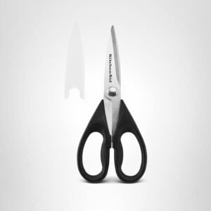kitchenaid all purpose kitchen shears with protective sheath durable stainless steel scissors, dishwasher safe, soft grip comfort handle, 8.72 inch, black
