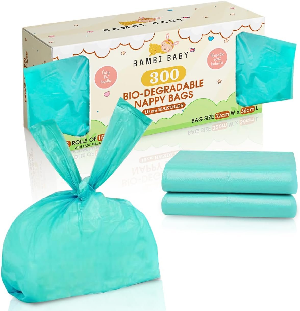 300pc bambi baby nappy bags biodegradable 100% biodegradable nappy sacks eco friendly & compostable, baby essentials for newborn or newborn essentials
