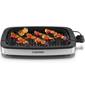chefman smokeless indoor electric grill, extra large grilling surface, nonstick table top grill for indoor grilling and bbq with adjustable temperature control, drip tray, dishwasher safe parts