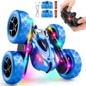 zalneo remote control stunt car 4wd 360° flip double‑sided rc cars, led light bar, usb‑c modular battery, 2.4 ghz outdoor beach toy for boys 6‑12 years old, birthday & christmas kids gift, blue