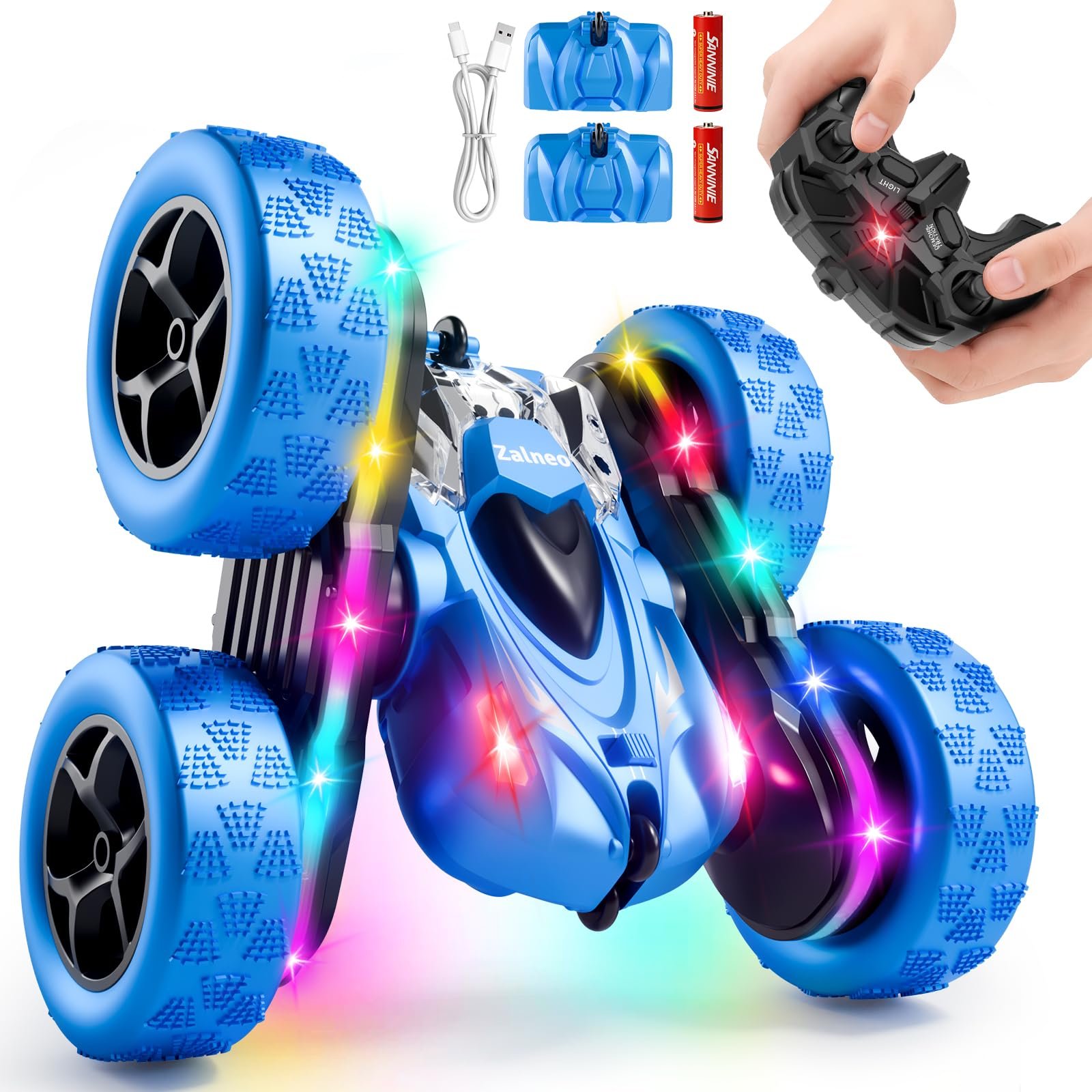 zalneo remote control stunt car 4wd 360° flip double‑sided rc cars, led light bar, usb‑c modular battery, 2.4 ghz outdoor beach toy for boys 6‑12 years old, birthday & christmas kids gift, blue