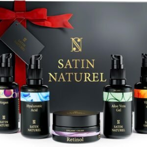 satin naturel luxury gift set for women – 5×30 ml hyaluronic acid serum, vitamin c serum, aloe vera gel, argan oil & moisturiser – radiance & hydration – skincare box – gift for her – festive edition