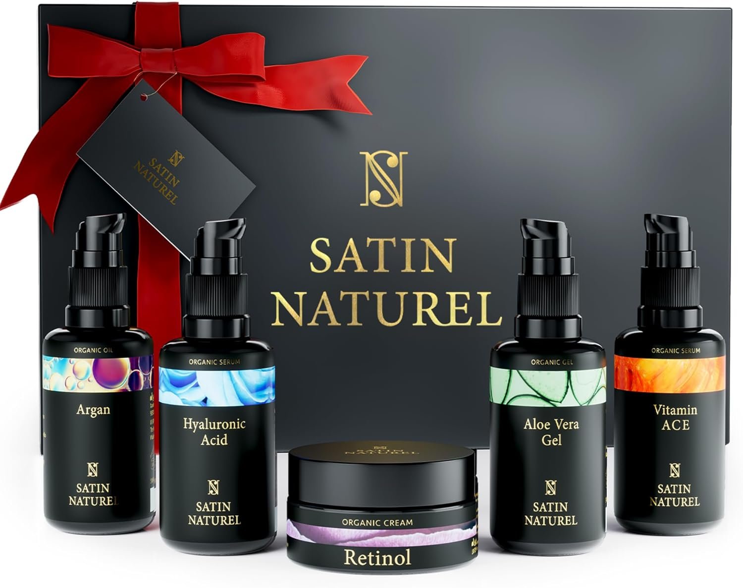 satin naturel luxury gift set for women – 5×30 ml hyaluronic acid serum, vitamin c serum, aloe vera gel, argan oil & moisturiser – radiance & hydration – skincare box – gift for her – festive edition
