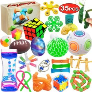 scientoy fidget toy set, 35 pcs sensory toy for add, ocd, autistic children, adults, anxiety autism to stress relief and anti anxiety with motion timer, perfect for classroom reward with gift box
