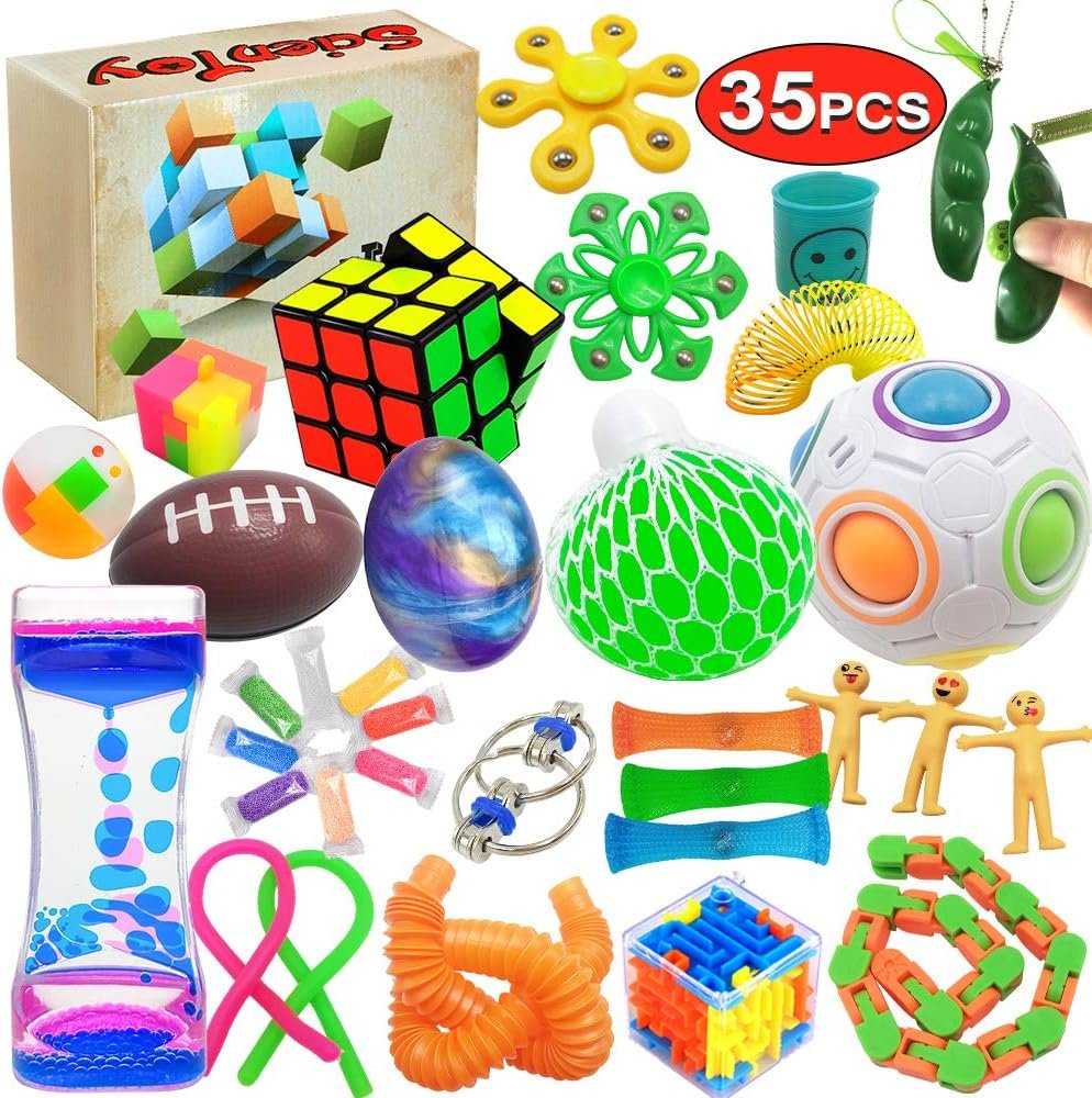 scientoy fidget toy set, 35 pcs sensory toy for add, ocd, autistic children, adults, anxiety autism to stress relief and anti anxiety with motion timer, perfect for classroom reward with gift box