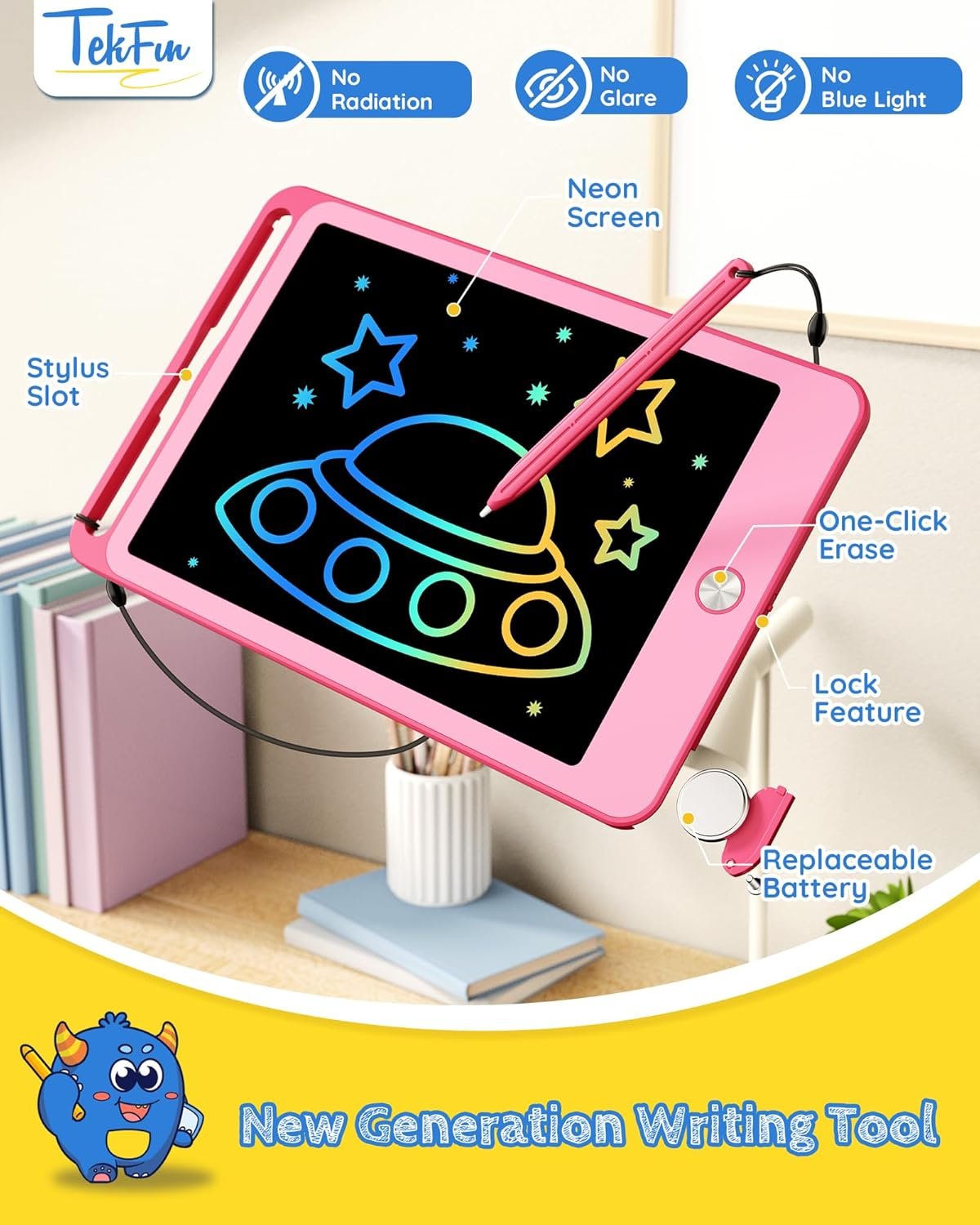 tekfun kids toys for 3 4 5 6 years old girls, 8.5 inch lcd writing tablet for toddler, colorful drawing board for kids, learning doodle scribbler pad for christmas & birthday gifts (pink)