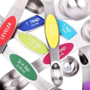 spring chef stainless steel magnetic measuring spoons set with strong magnets, heavy duty metal kitchen essentials fits in most kitchen spice jars, multicolor, set of 8 with leveler