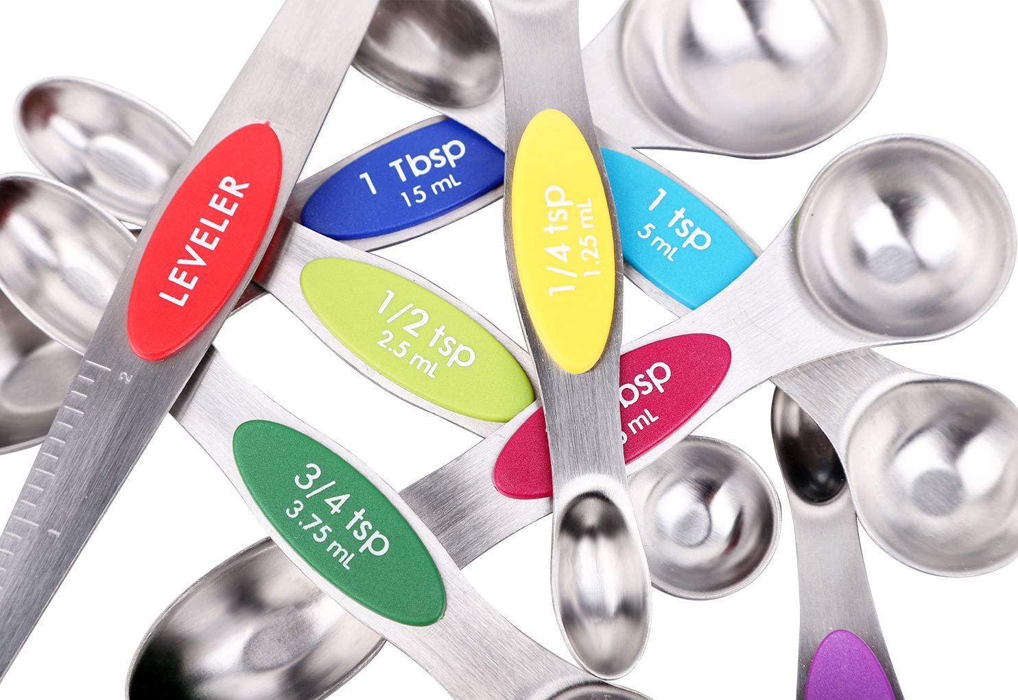 spring chef stainless steel magnetic measuring spoons set with strong magnets, heavy duty metal kitchen essentials fits in most kitchen spice jars, multicolor, set of 8 with leveler