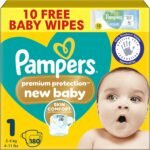 pampers premium protection new baby size 1, 180 nappies, 2kg 5kg, monthly pack, the only newborn nappy approved by british skin foundation