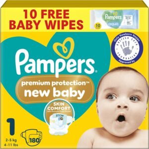 pampers premium protection new baby size 1, 180 nappies, 2kg 5kg, monthly pack, the only newborn nappy approved by british skin foundation