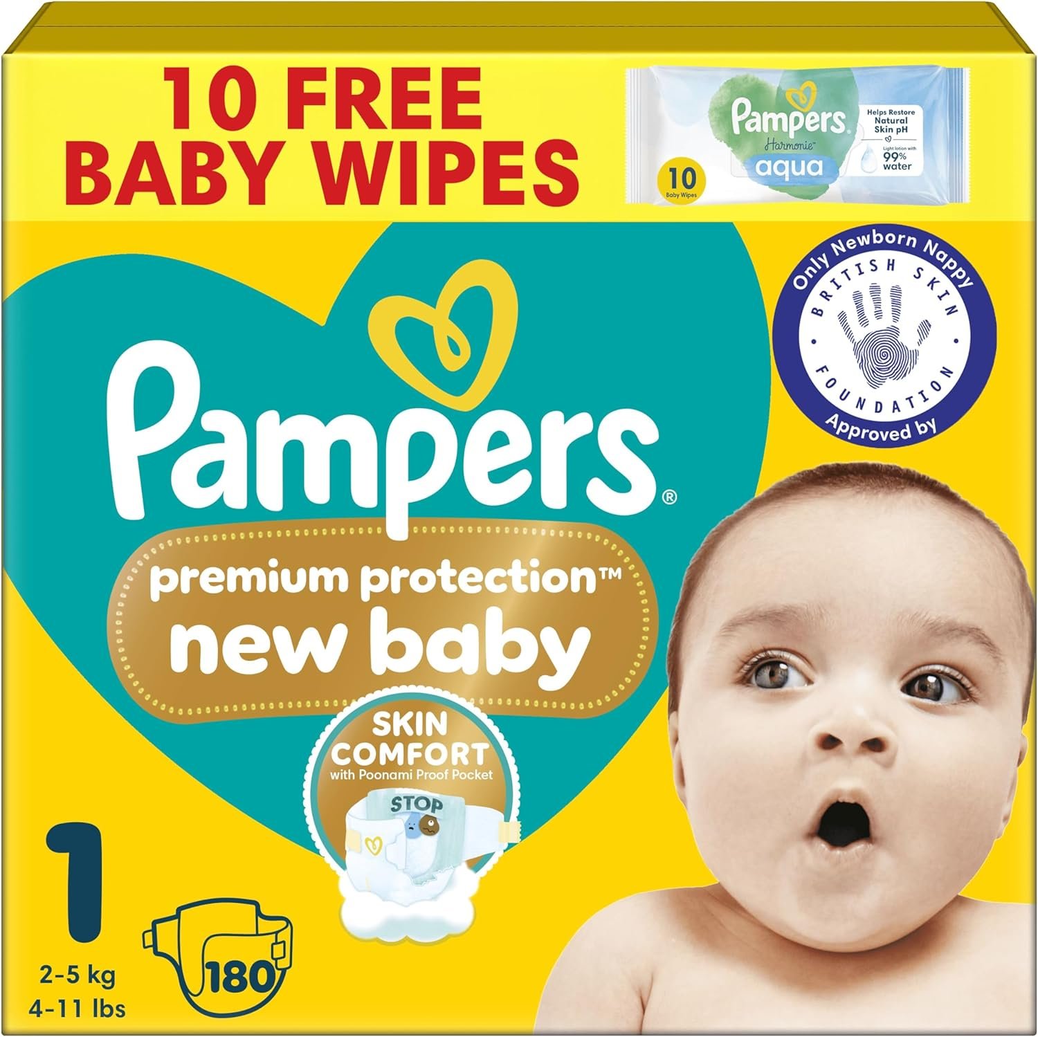 pampers premium protection new baby size 1, 180 nappies, 2kg 5kg, monthly pack, the only newborn nappy approved by british skin foundation