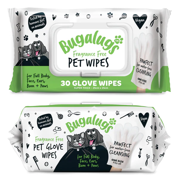 bugalugs dog glove wipes, pet wipes for full body, eye wipes, ear wipes, bum & paws. 30 sensitive dog grooming glove wipes for dogs, puppy & cat grooming, one size fits all (fragrance free)